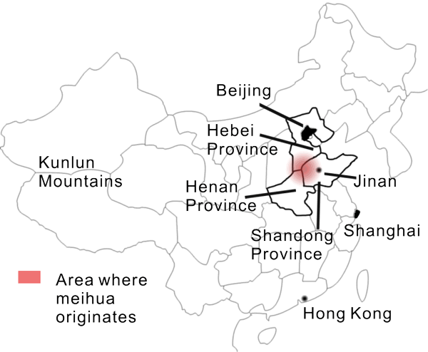 A map of China showing the region where 
	  meihuazhuang originates
